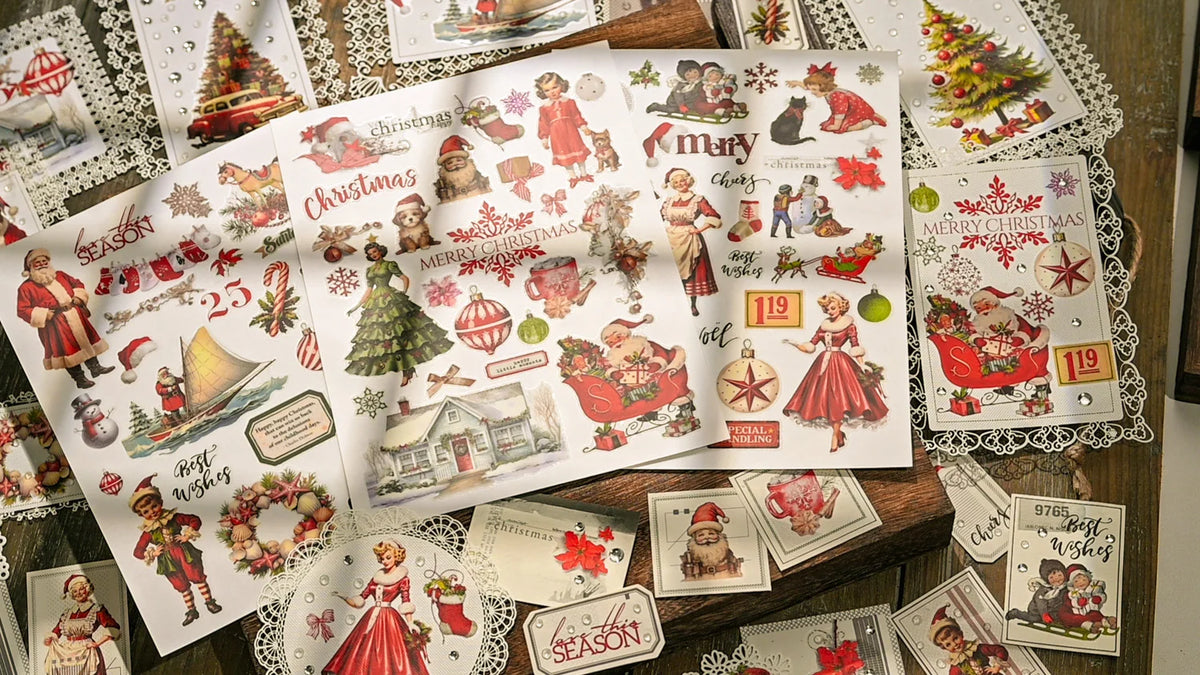 3 Sheet Large Christmas RUB ON Transfer Stickers Junk Journal DIY Scrapbooking Craft Stickers