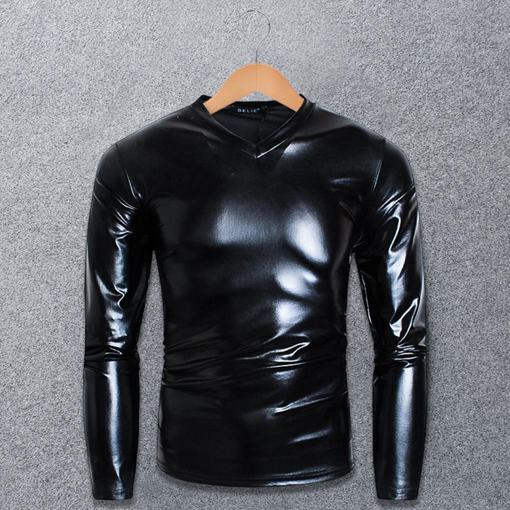 Men T-shirt Glossy Solid Long Sleeve Tops Nightclub Party Performance Wear