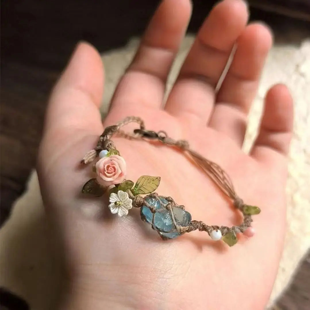 Natural Rose Quartz Aquamarine Stone Beaded Handmade Bracelet Adjustable Rope
