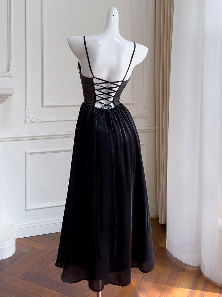 Justine's French Black Lace Sling Spliced Ruffles Bandage Backless Dress