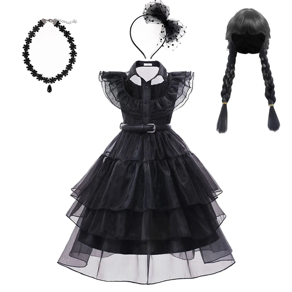 Wednesday Addams Cosplay Costume Girls Black Gothic Dress Sets