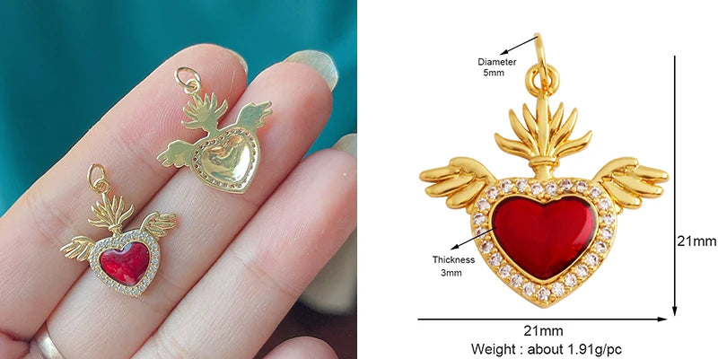 Red and Gold Sacred Heart Charms 18K Gold Plated for Jewellery Making
