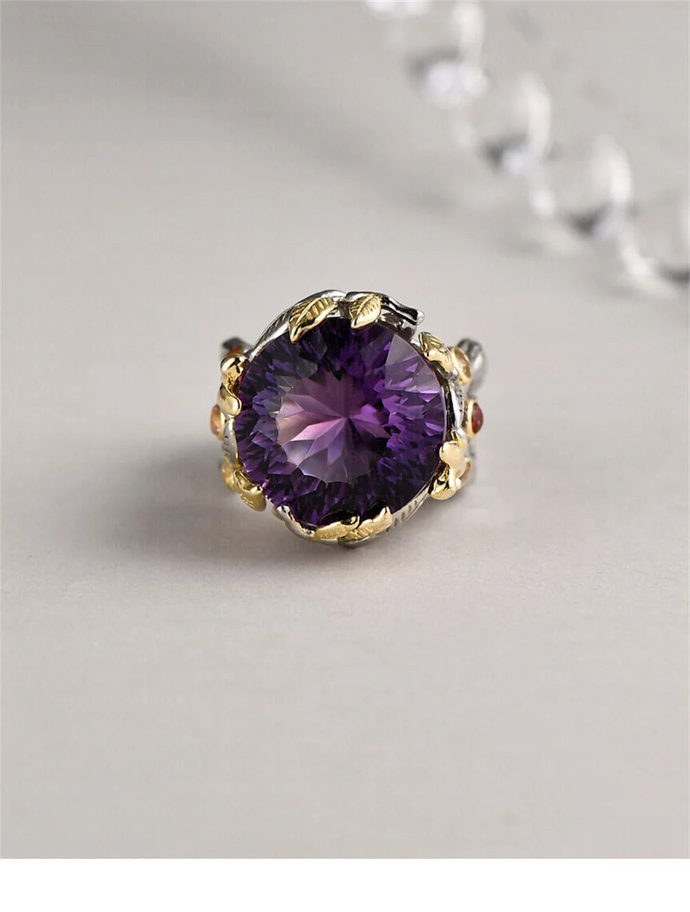 The Weaver's Treasures S925 Sterling Silver Rings Golden Leaves Natural Amethyst Tourmaline