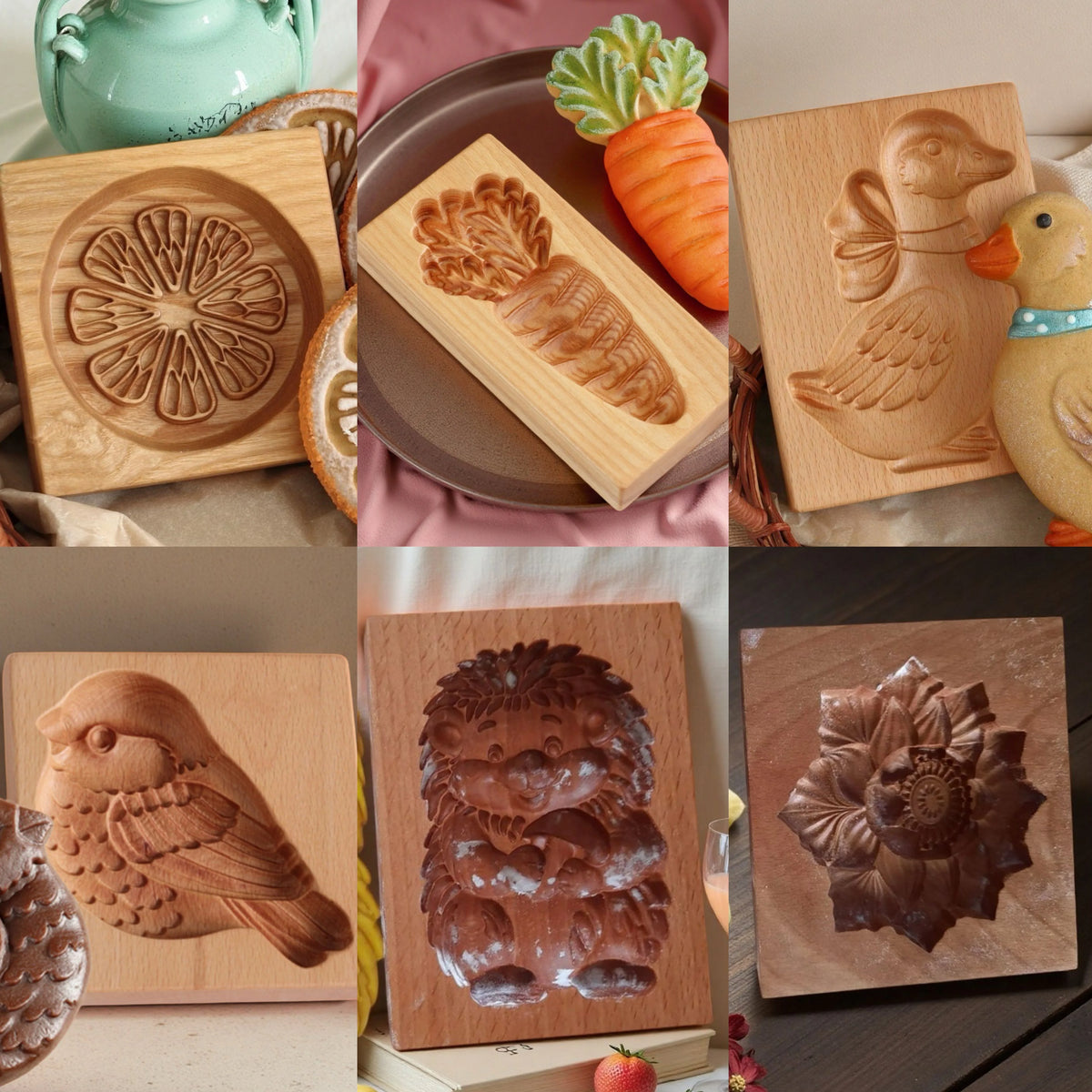 Farm Treats Wooden Cookie Moulds with Animals Patterns, Bird, Goose, Horse, Hedgehog, Flowers