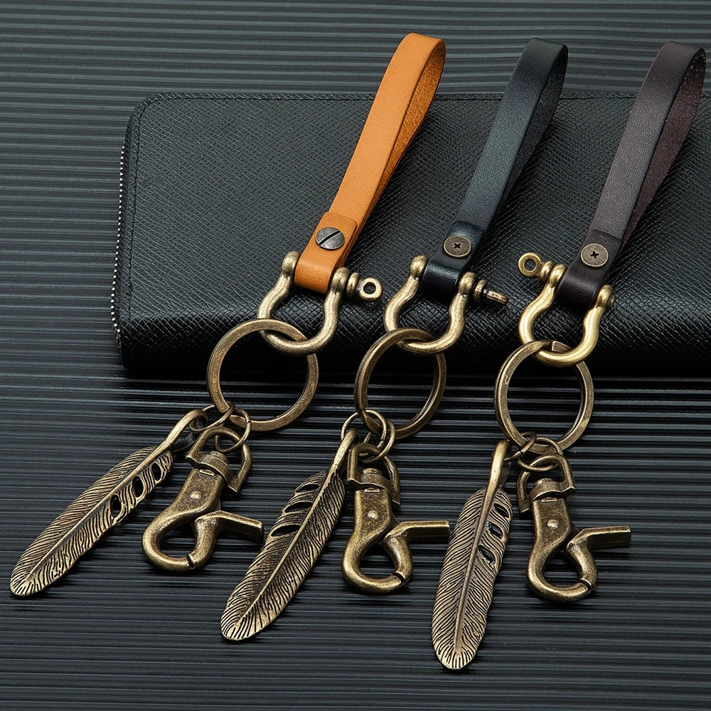 Handmade Leather Keychain Brass D-Shape Shackle Feather Charms Keyring
