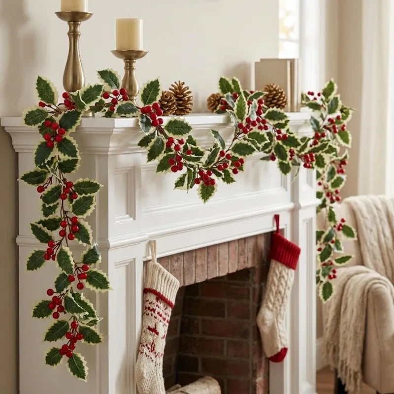Christmas Garland Artificial Red Holly Berry Vine Xmas Tree Hanging Decoration