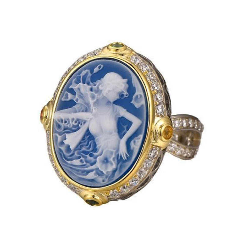 La Belladonna Wraith S925 Sterling Silver Rings Blue Agate White Shell Full Zircon Portrait Jewellery