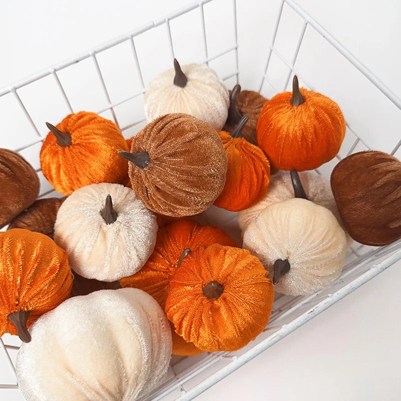 9pcs Velvet Artificial Pumpkins 3 Size Mixed Halloween Party Thanksgiving Home Table Decoration Autumn Fall Decor