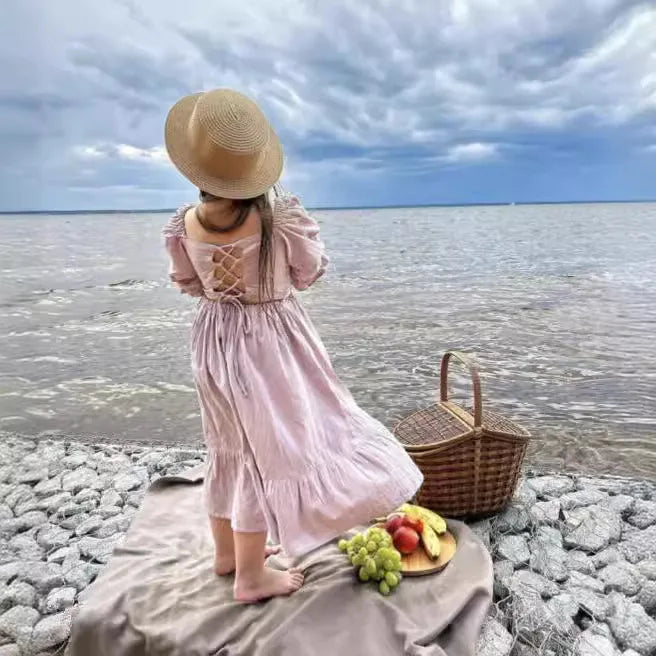 Girls Cotton and Hemp Bubble Sleeve Princess Dress