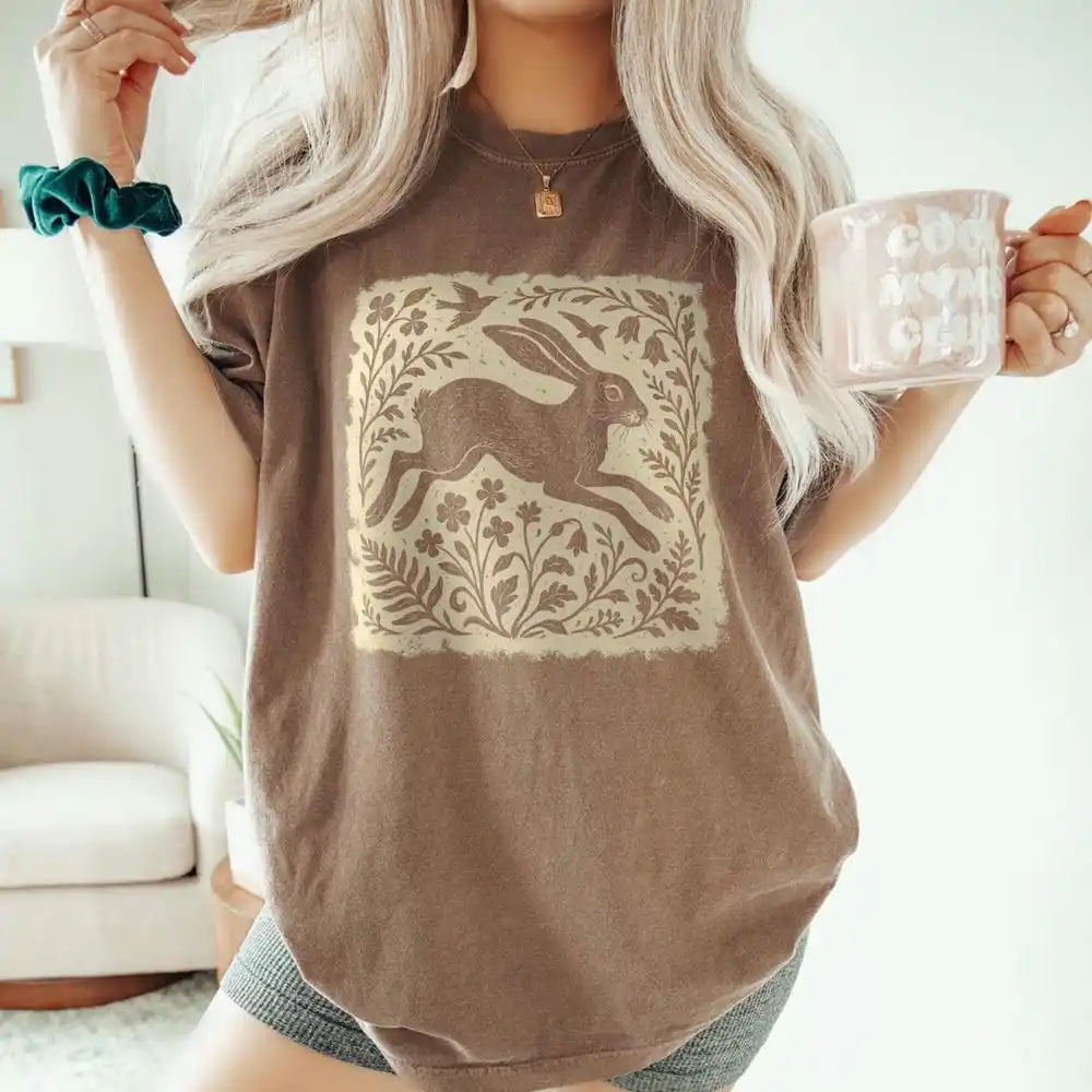 Wild Hare Linoprint T-Shirt Folk Art Forest Animal Naturecore Tee
