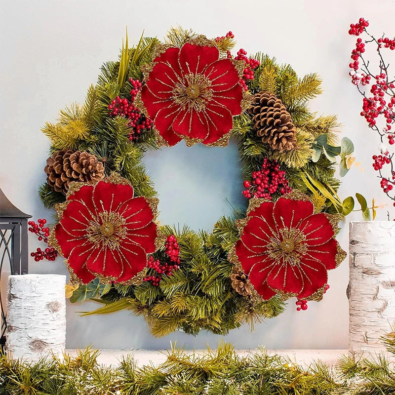 1Pcs 24cm Velvet Artificial Magnolia Christmas Flowers Bouquet Christmas Tree Ornaments Decoration