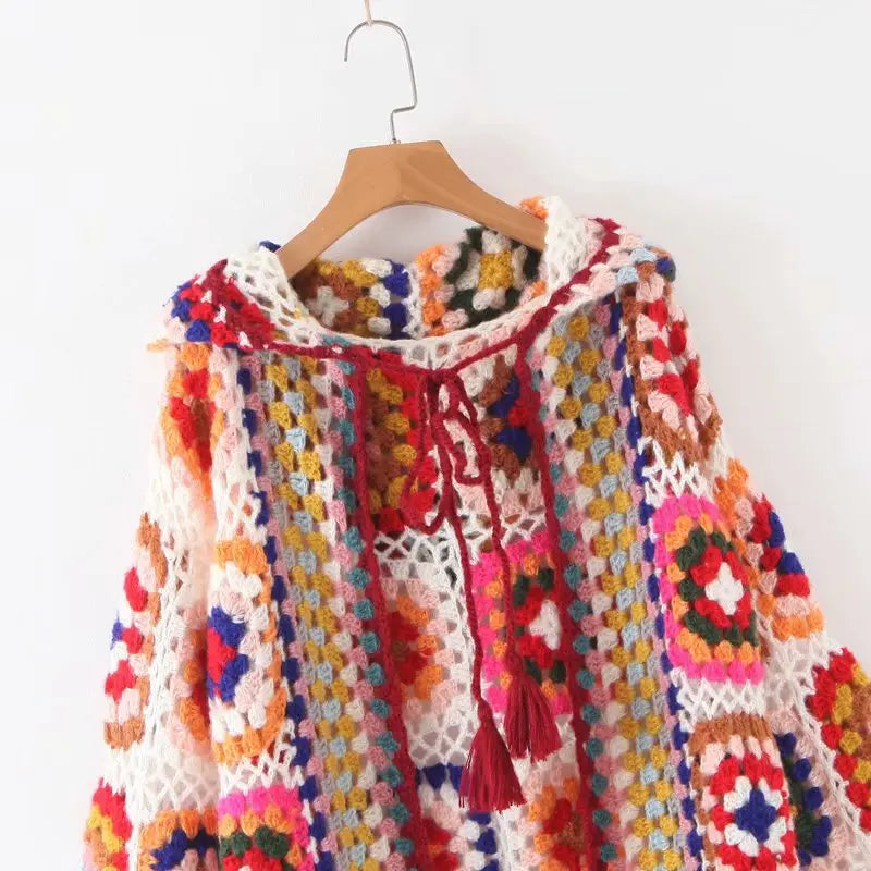 Granny Square Hand Crochet Mohair Hooded Long Cardigan