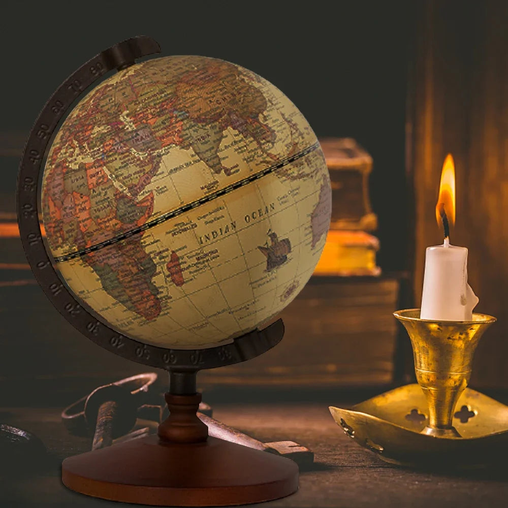 World Globe Earth Map Retro Wooden Base Desk Decor