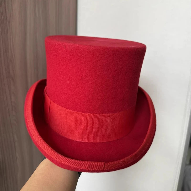 100% Wool Flat Top Hats Solid Colours Wide Ribbon Magician Performance Hat