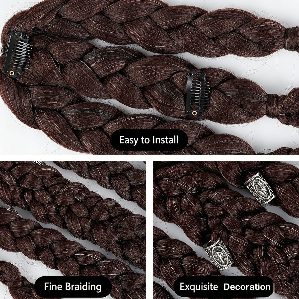 Viking Mohawk Cornrow Braided Mullet Wig Synthetic Thick 5 Braids with Metal Rings for Cosplay