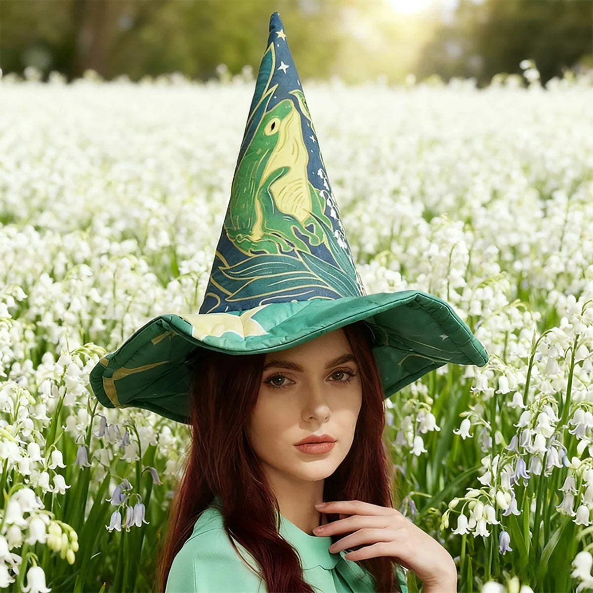 Mint Green Nouveau Moon Frog Witch Hat
