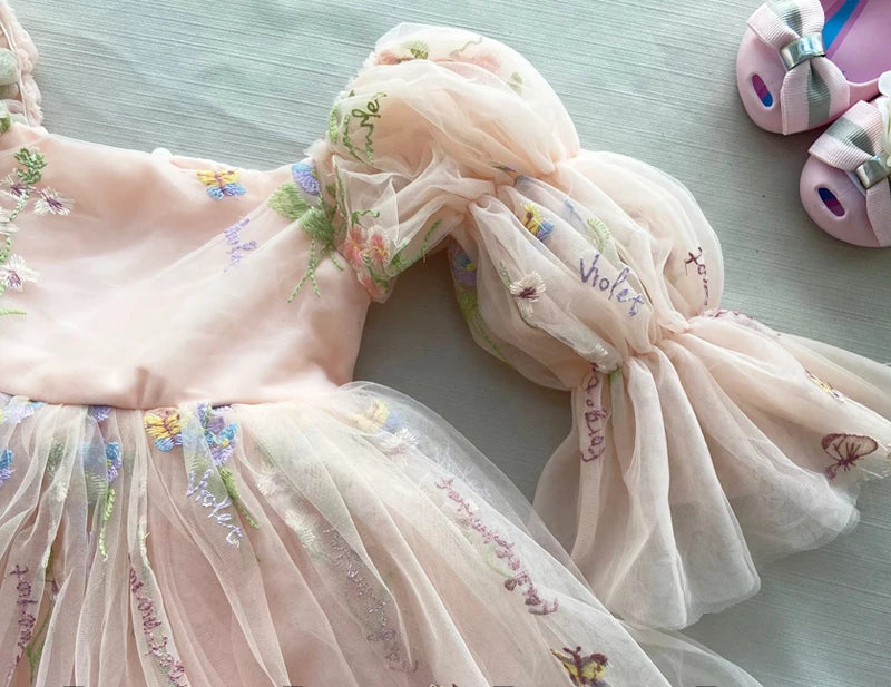 Fairy Faith's Baby Toddler Girls Birthday Dress Embroidered Butterfly Flower Girls Dress