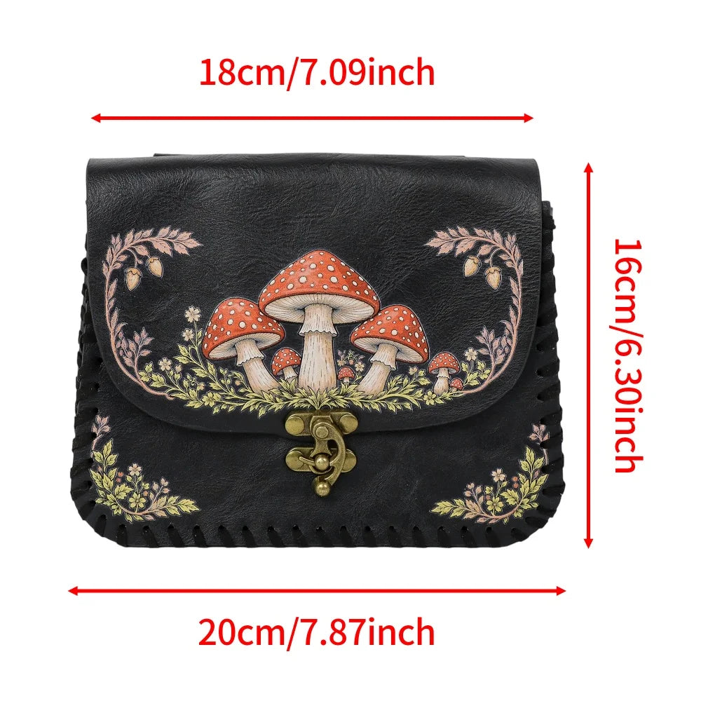 Red Mushroom Print PU Waist Bag Medieval Renaissance Distressed Faux Leather Flip Coin Belt Pouch