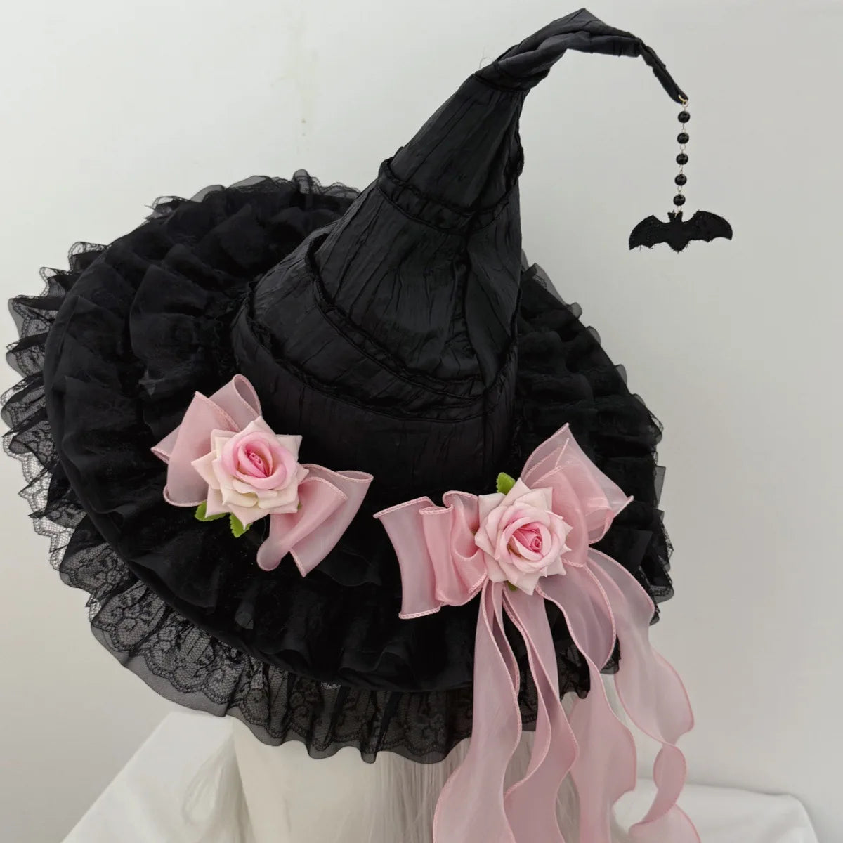 Gothic Witch's Hat Black Ruffled Lace Rose Bow Ribbon Halloween Party Cosplay Costume Props Decor