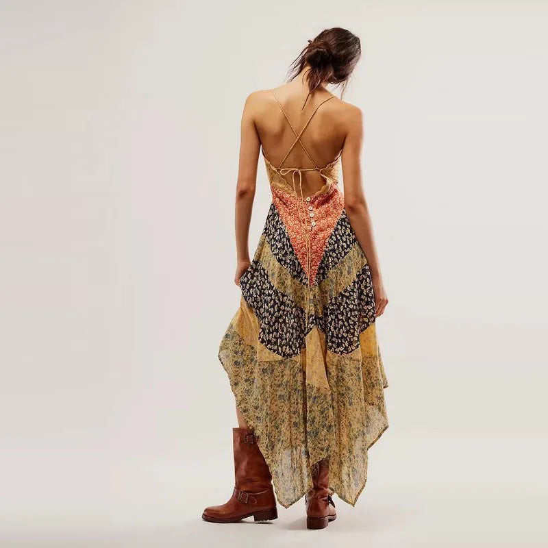 Estrella's Asymmetrical Patchwork Scarf Dress Backless Tie-Up Summer Dress
