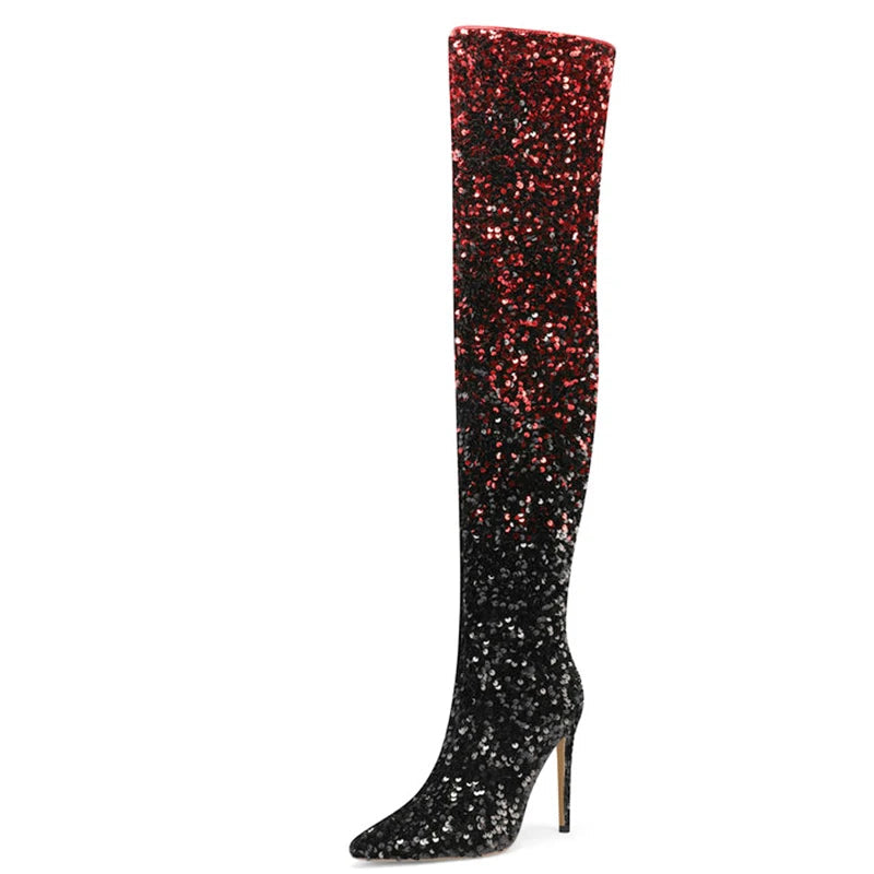 Galaxy Thigh High Boots Gradient Sequin Stretch Boots 11CM Heels