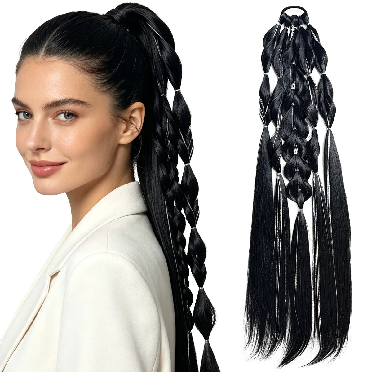 Synthetic 24-inch Bubble Lantern Braided Ponytail Hair Extension with Silver Glitter Wire