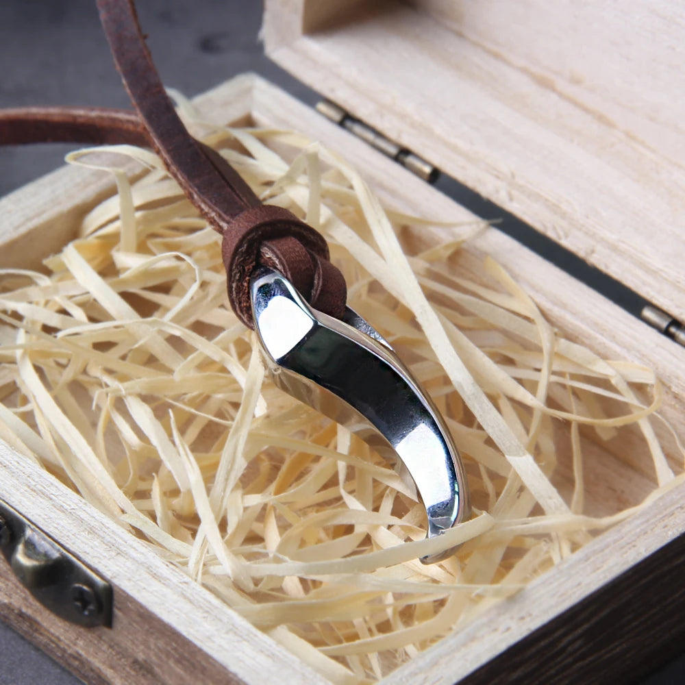 Viking Wolf Fang Stainless Steel Pendant Necklace For Men with Wooden Gift Box