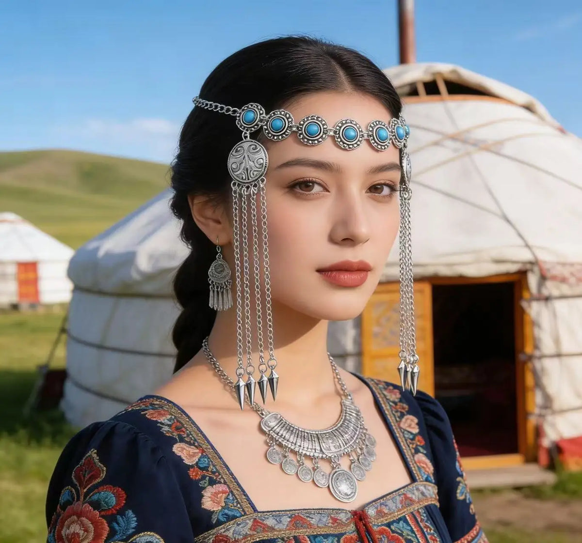 Kazakh Forehead Chain Silver Tassel Headband