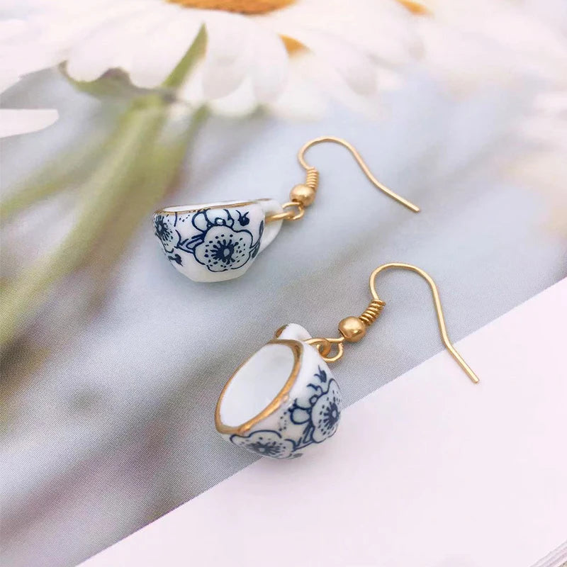 Handmade Ceramic Tea Cup Earrings Blue White Enamel Jewellery