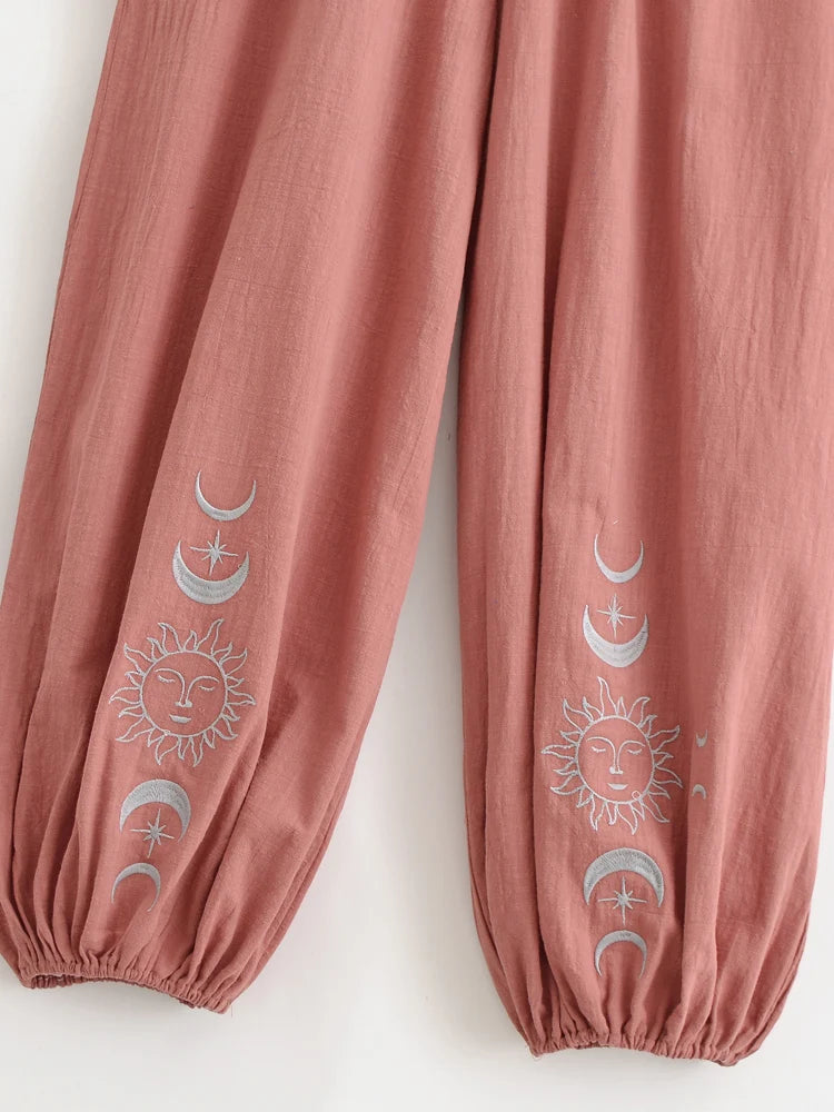 Sun Moon Embroidered Linen Cotton Baggy Pants Side Pockets Loose Yoga Wear