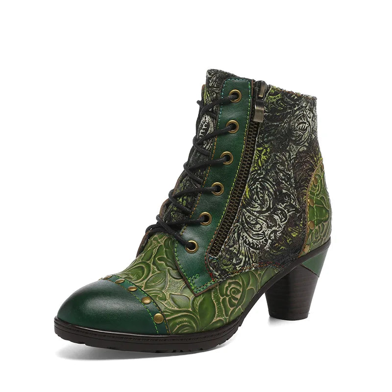 Aggy's Vintage Floral Genuine Leather Patchwork Rivet Handmade Heeled Ankle Boots Shoes