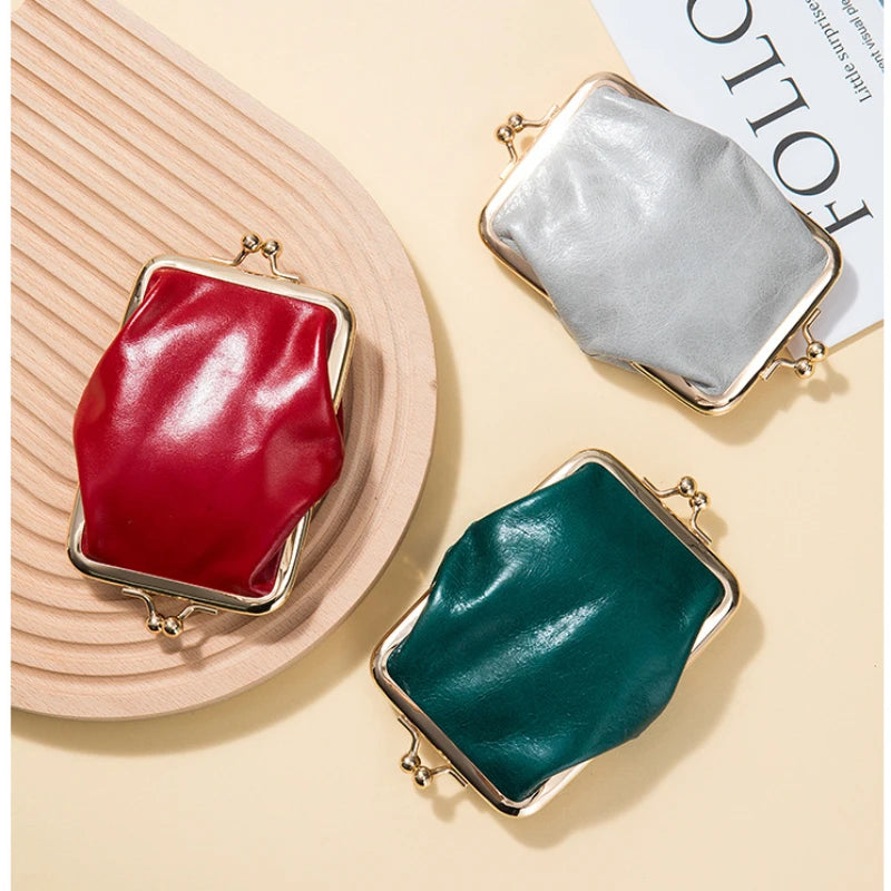 Genuine Leather Double Clamp Coin Purse Small Wallet Bag Pouch