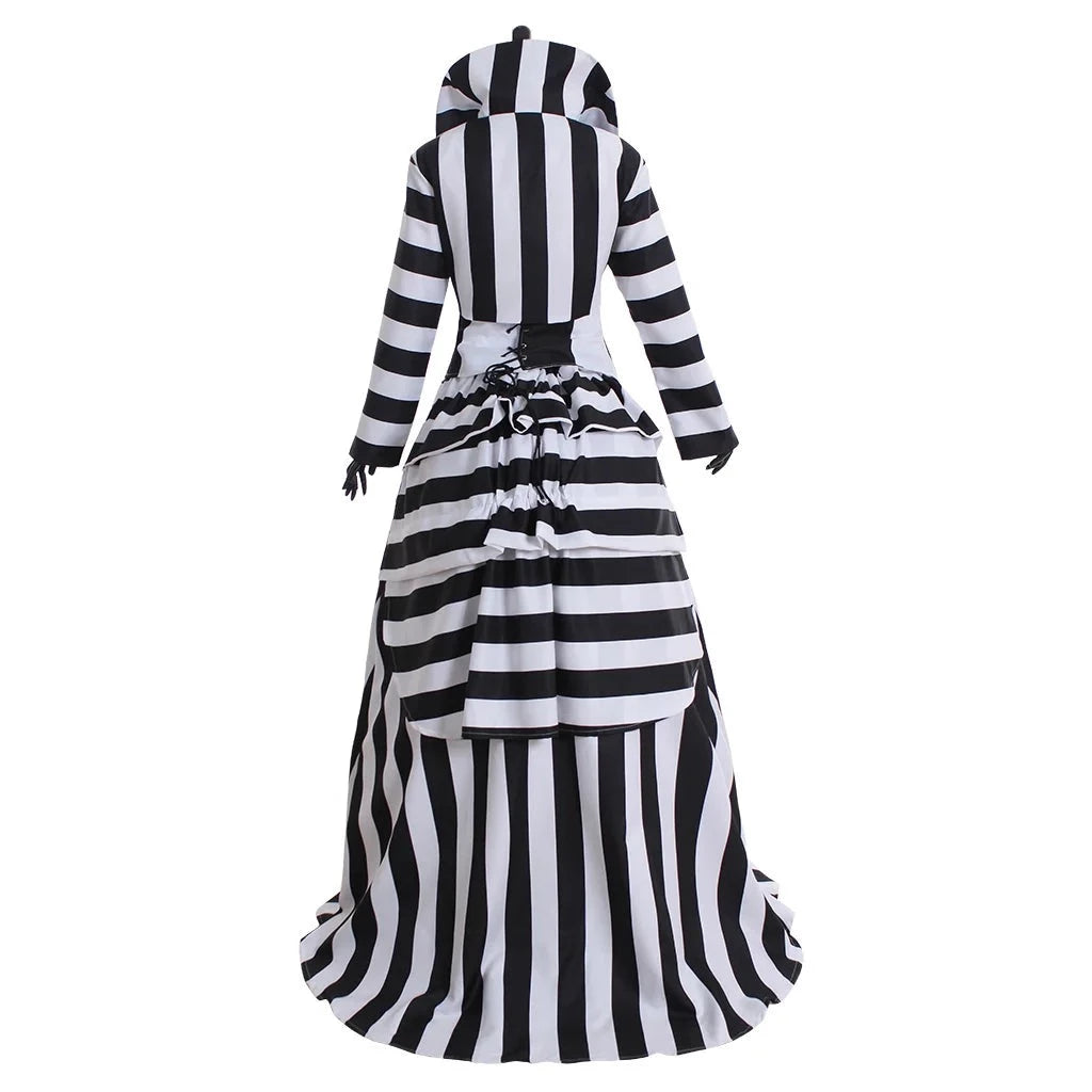 Ms Beetlejuice Cosplay Costume Black and White Stripes Victorian Dress