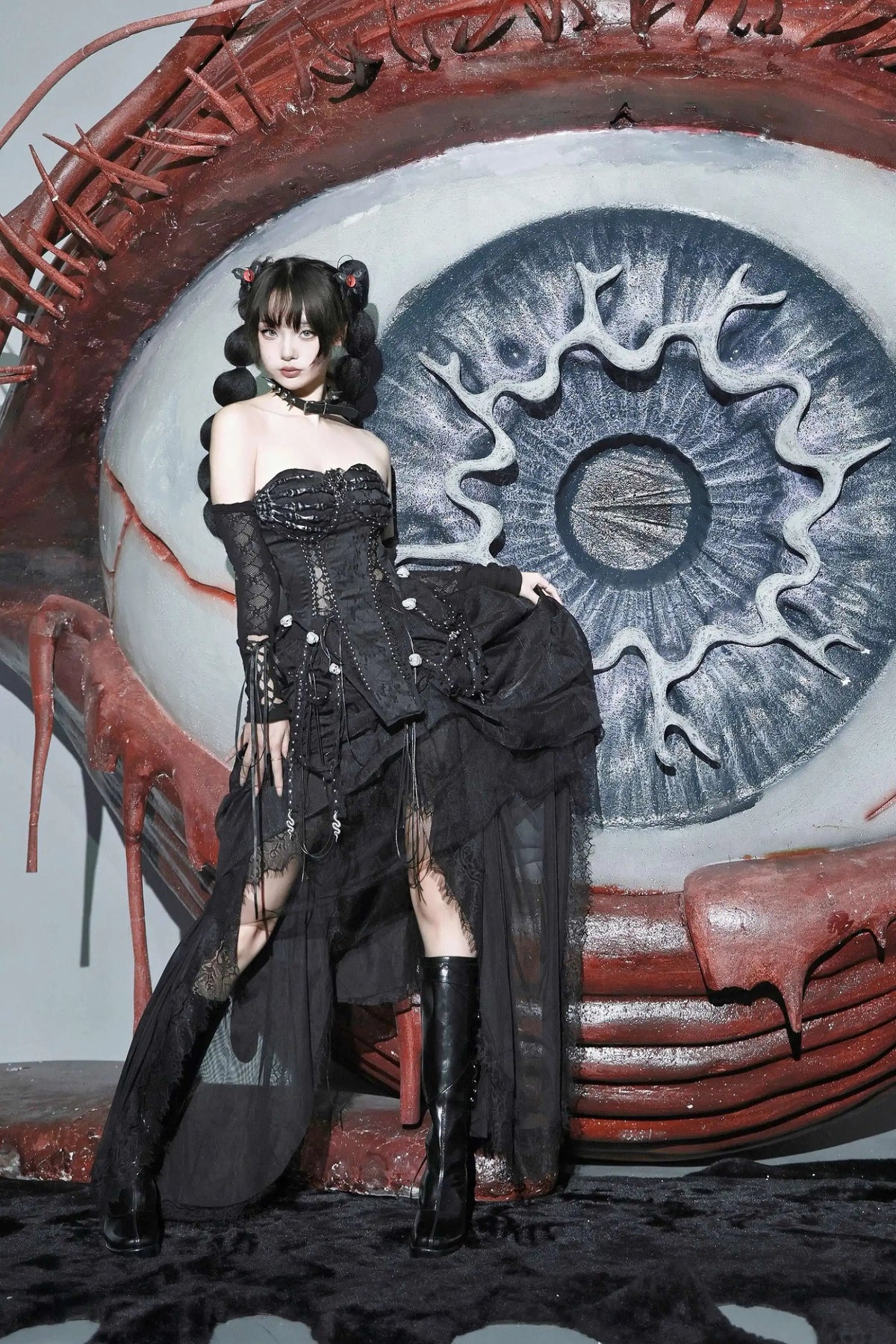 Pure Black Gothic Black Skeleton Hands Laced Corset Top