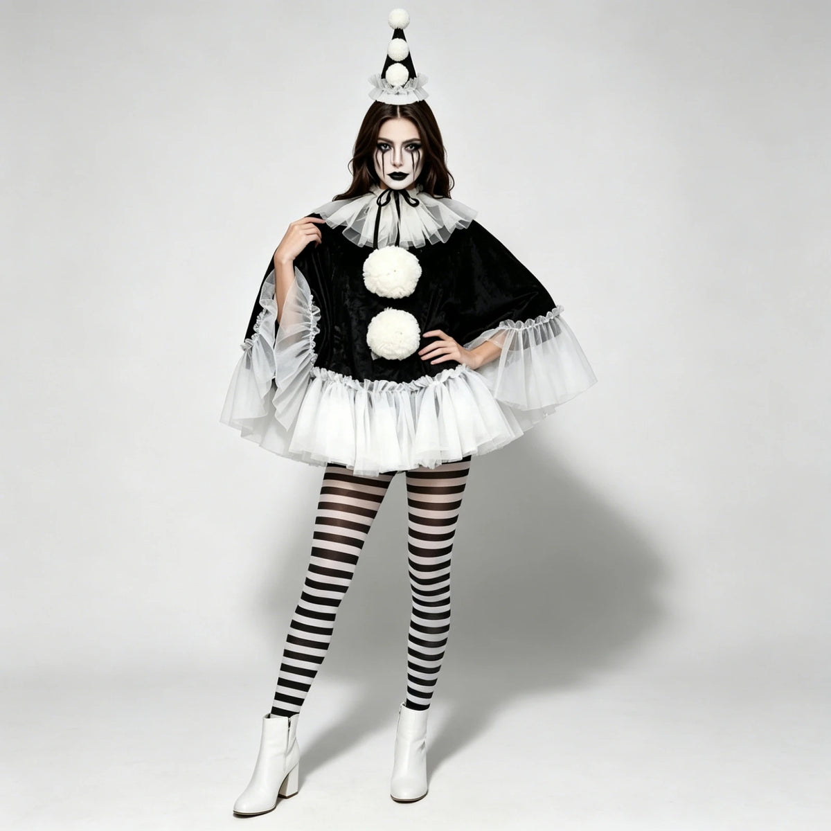 Women Pierrot Clown Costume 3Pcs Halloween Clown Cosplay Set