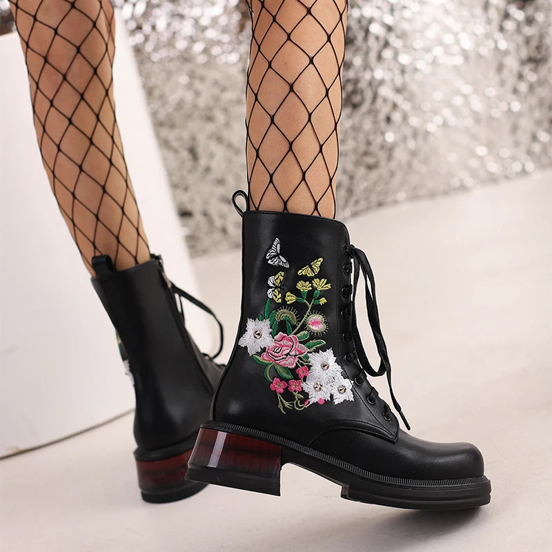 Wildflower Embroidery Lace Up Ankle Boots Black Platform Chunky Heels Large Sizes