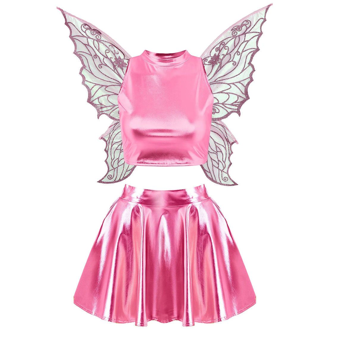 Festival Fairy Cosplay Costume Sleeveless Crop Top, High Waist Flared Skirt And Butterfly Wings Set
