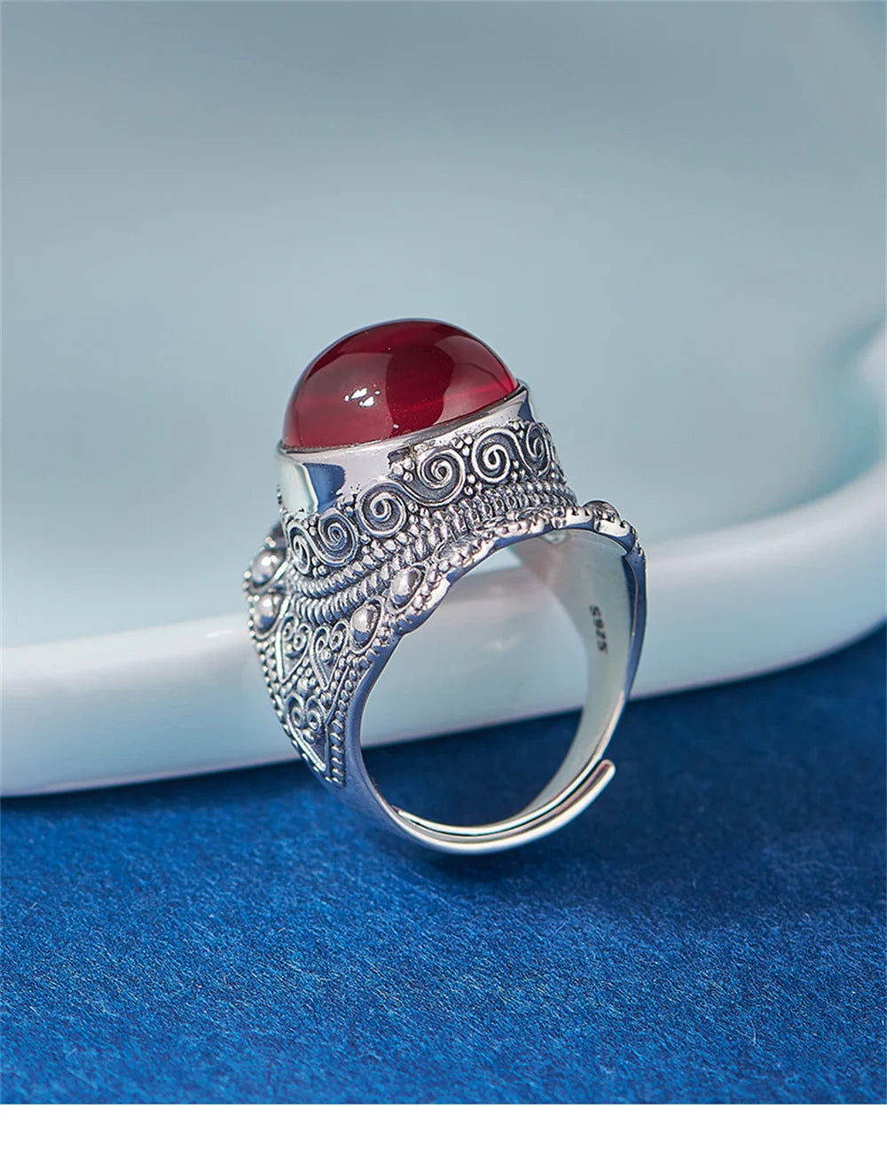The Sage One's S925 Sterling Silver Rings Ancient Emboss Pattern Corundum