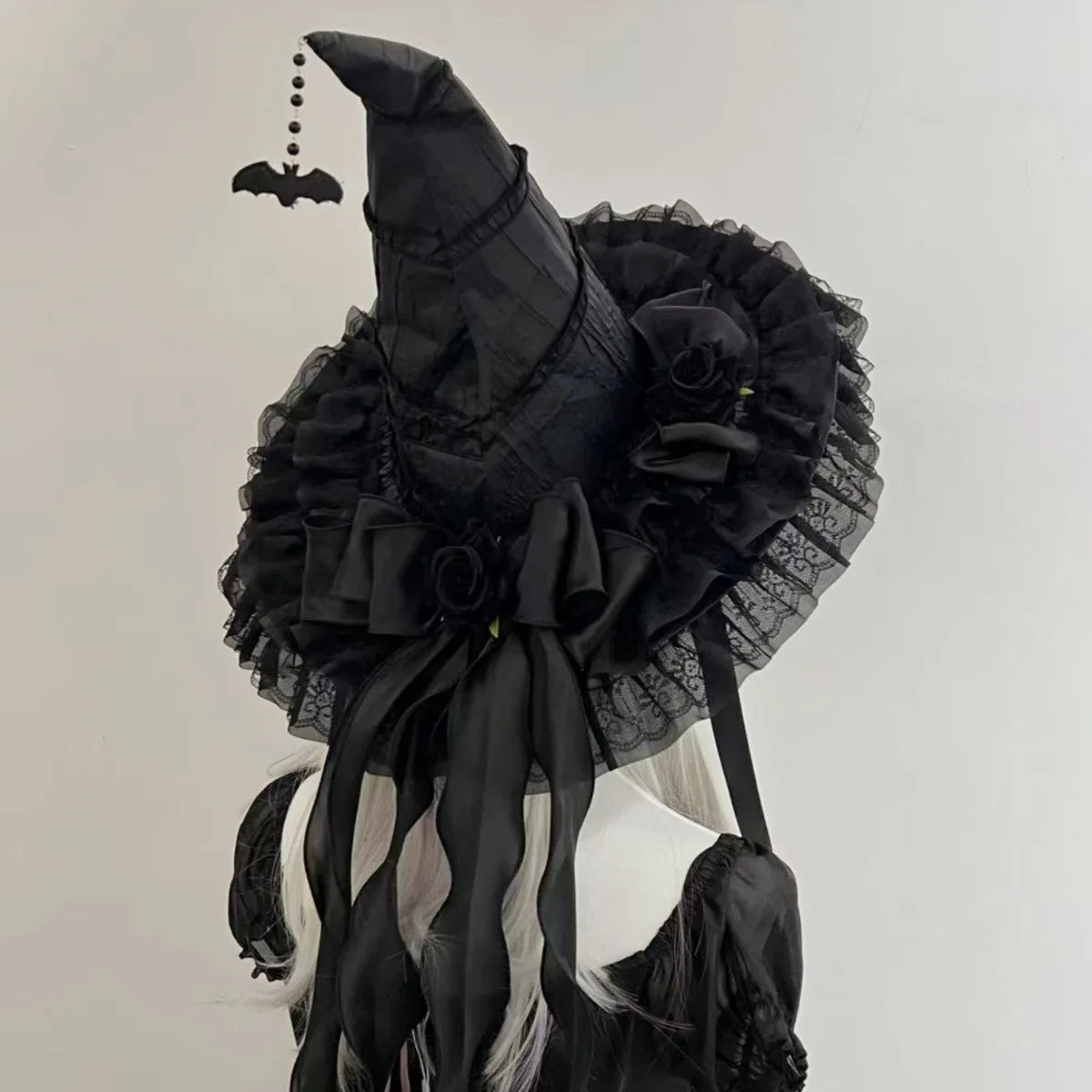 Gothic Witch's Hat Black Ruffled Lace Rose Bow Ribbon Halloween Party Cosplay Costume Props Decor