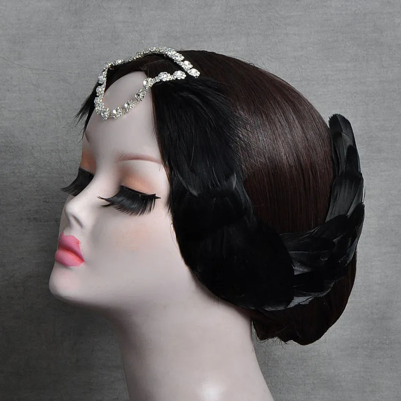 Ballet Swan Lake Headwear White Black Feather Headband With Crystal Rhinestones Ballerina Headdress
