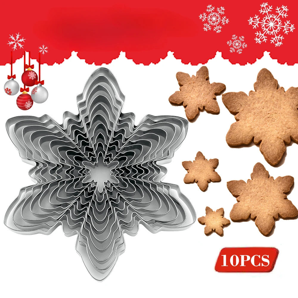 10pcs/set Christmas Snowflake Cookie Cutter Stainless Steel Fondant Biscuit Embossing Mould Baking Accessories Kitchen Tools