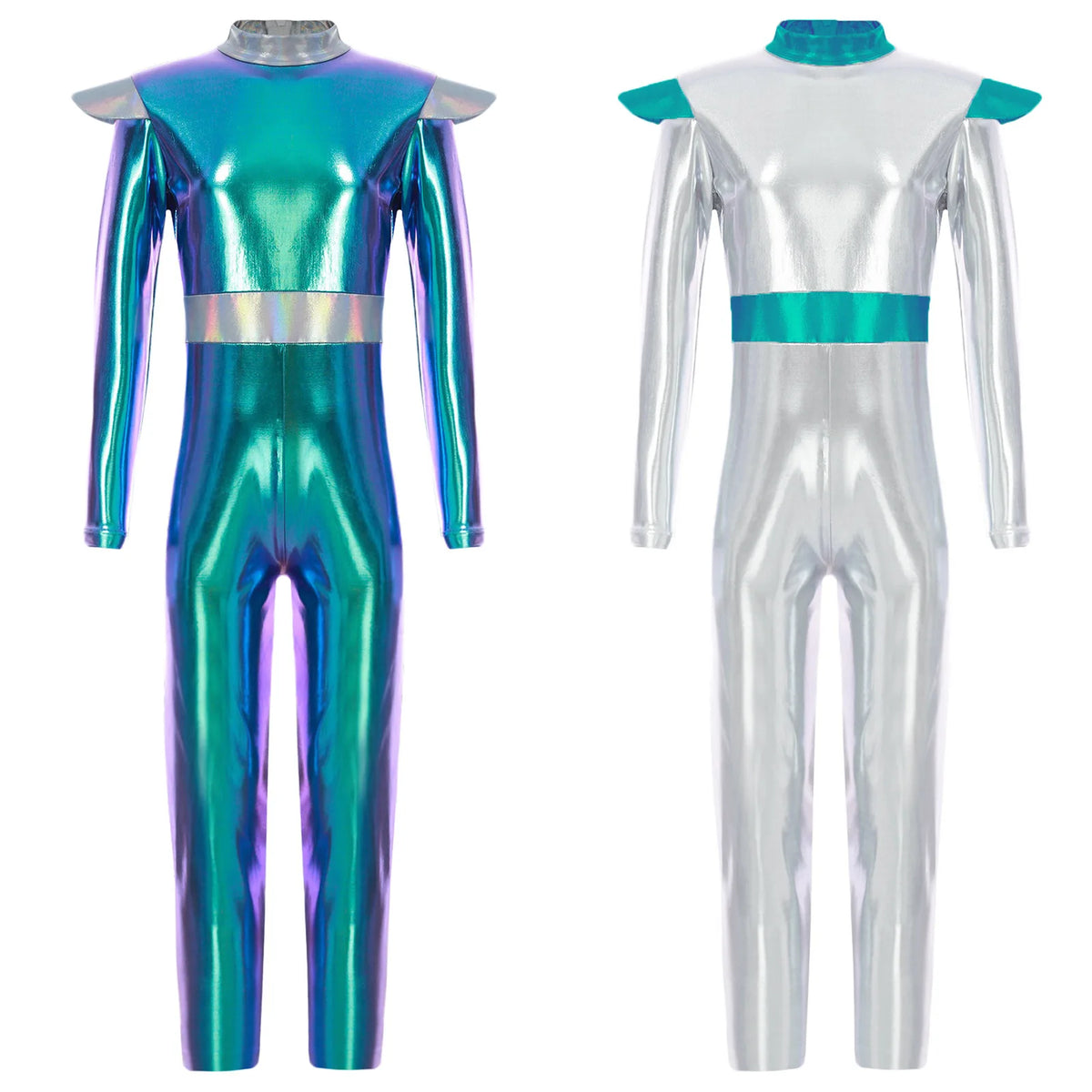 Girls Boys Alien Costume Shiny Metallic Full Body Suit Space Astronaut Robot Halloween Dress Up