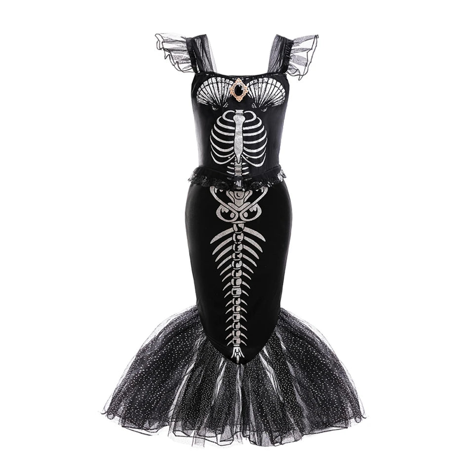 Halloween Mermaid Skeleton Costume Sets Gothic Girls Black Dress