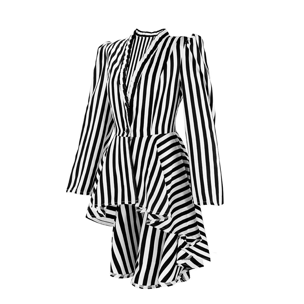 Womens Circus Ringmaster Lion Tamer Cosplay Costume Steampunk Victorian Irregular BW Stripes Coat