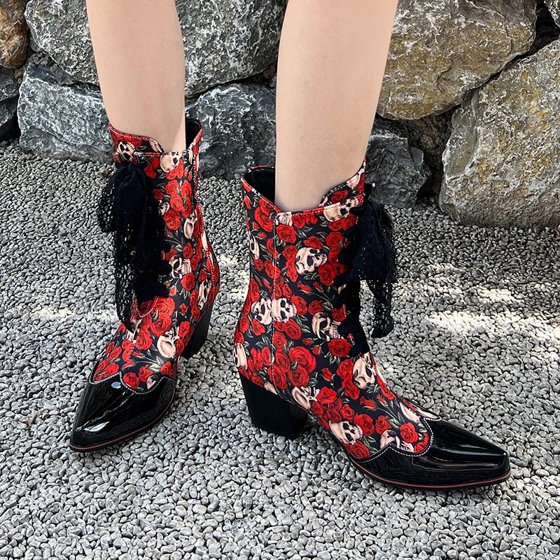 Skull Flower Lace Laces Ankle Boots