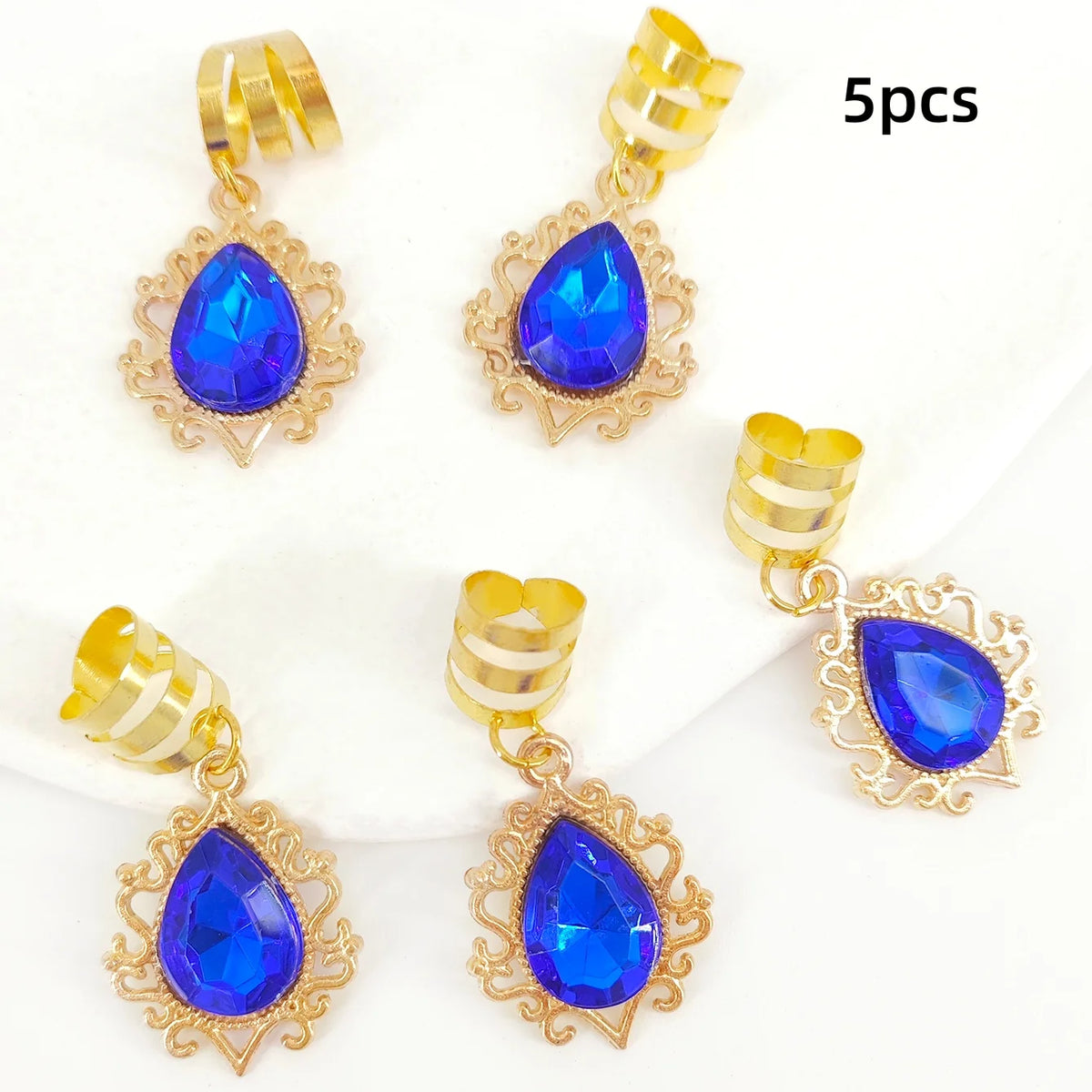 5pcs Braid Clips Filigree Alloy Inlaid Rhinestone Teardrop Pendant Hair Accessories