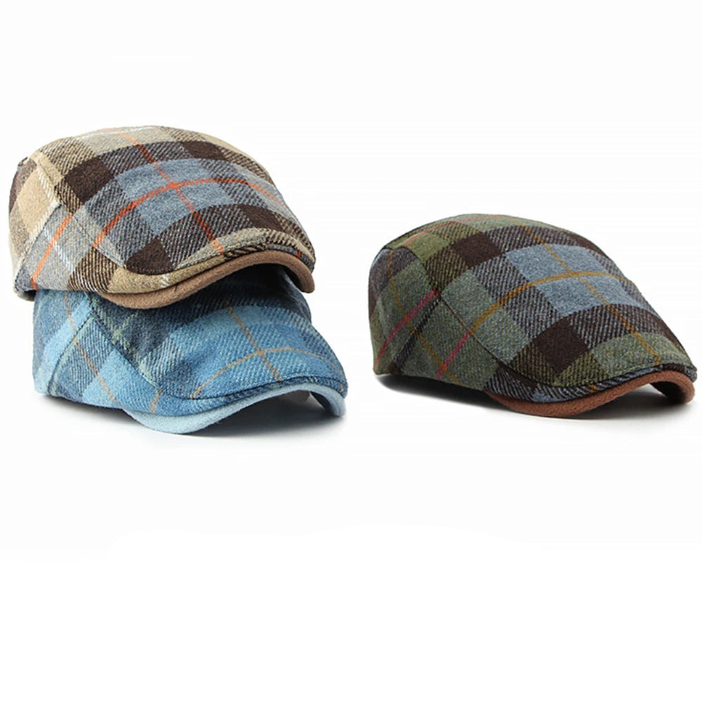 Winter Wool Plaid Cabbie Beret Caps