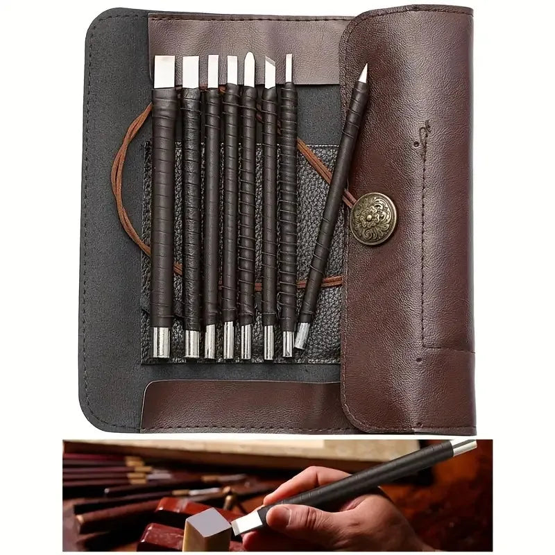 β8pcs Tungsten Steel Carving Chisels Set - Leather Handle & Bag for Stone/Wood/Metal Engraving