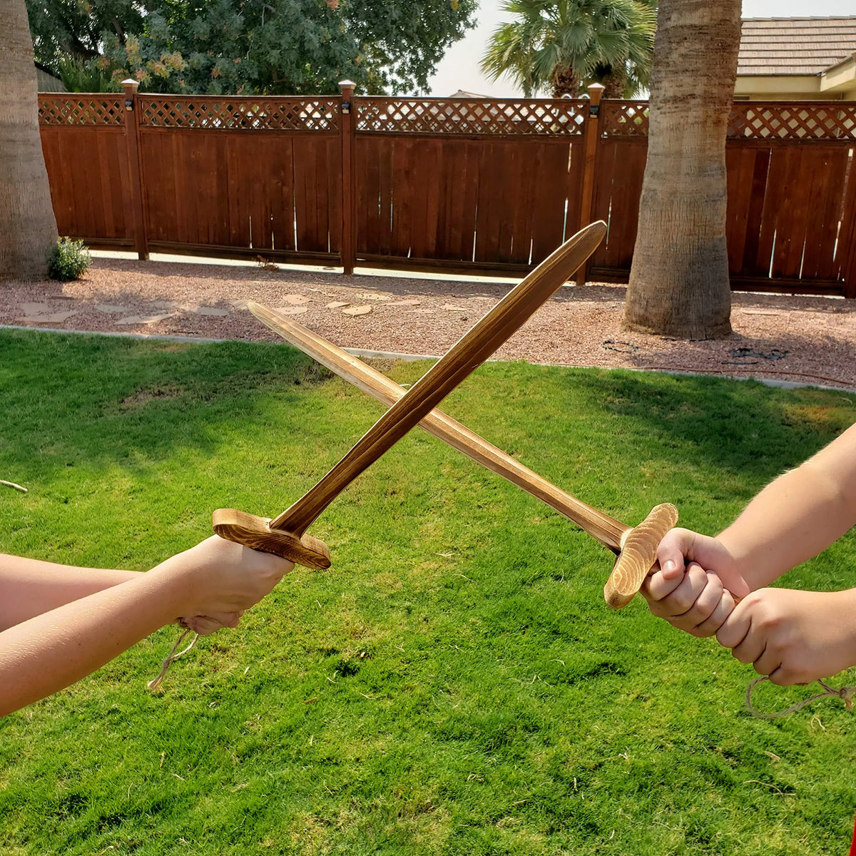 Set of Two 40cm Burnt Finish Wooden Toy Swords LARP Props Outdoor Imaginative Play
