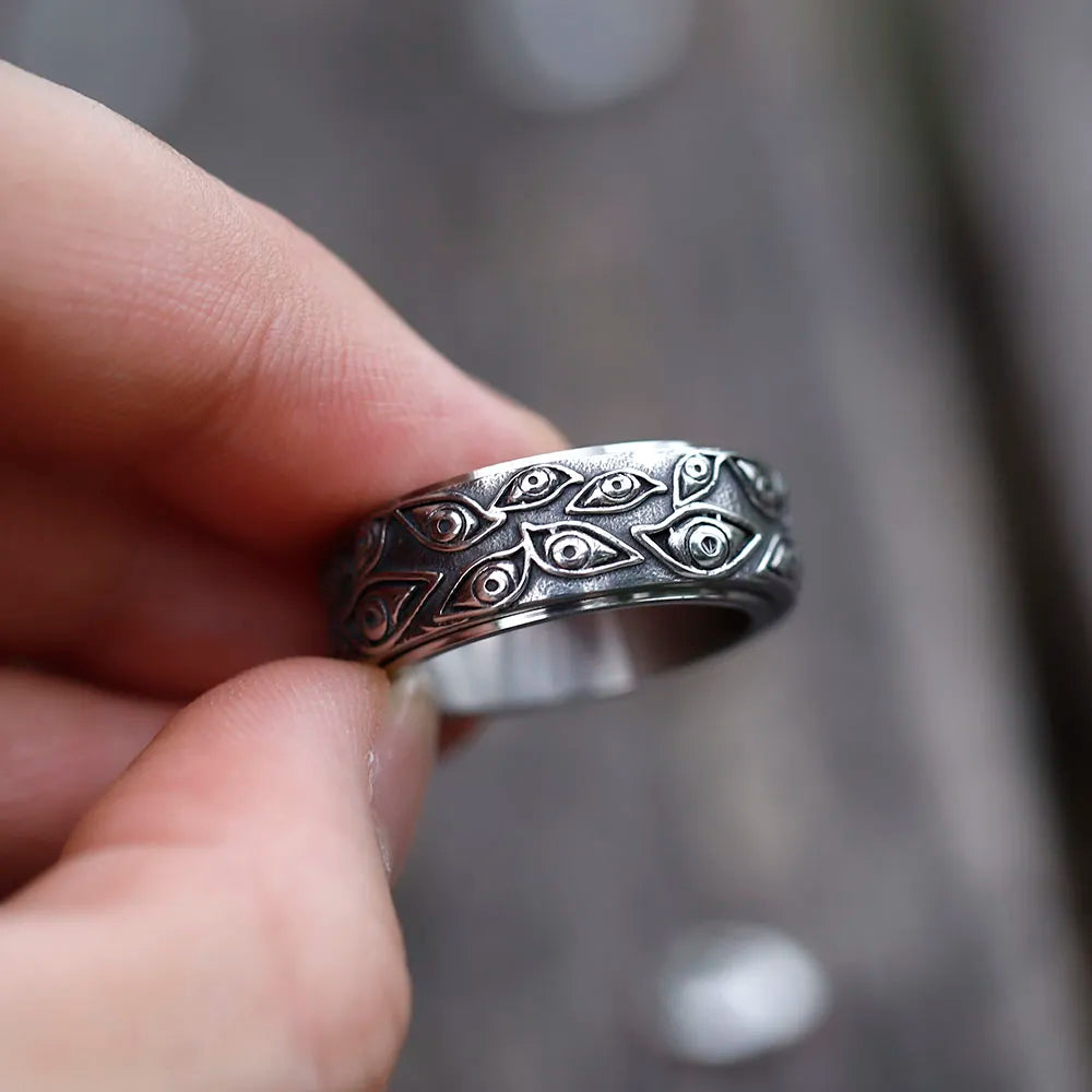 Japanese Mythology Carved Eyes Stainless Steel Rotatable Ring Anxiety Fidget Turning Ring